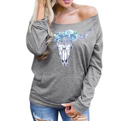 Sweatshirt Damen Kolylong® Frauen Elegant Drucken Trägerlos Sweatshirt Herbst Locker Langarmshirts Reizvoller Off Shoulder Bluse Mantel Sport Pullover T-Shirt Tops Oberteile (XL, Dunkelgrau) von Kolylong®