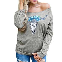 Sweatshirt Damen Kolylong® Frauen Elegant Drucken Trägerlos Sweatshirt Herbst Locker Langarmshirts Reizvoller Off Shoulder Bluse Mantel Sport Pullover T-Shirt Tops Oberteile (XXL, Grau) von Kolylong®