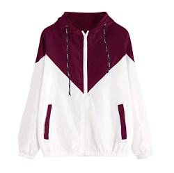 Jacke Damen Kolylong® Frauen Elegant Patchwork Jacke mit Kapuze Lässig Mantel Kurz Kapuze Pullover Zipper Outwear Strickjacke Hoodie Cardigan Top (L, Rot) von Kolylong