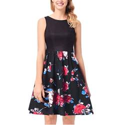 Kleid Damen Kolylong® Frauen Elegant Blumenmuster Kleid Knielang Vinatge Rückenfreies Festlich Kleider Skaterkleid Ärmelloses Minikleid Party Kleid Cocktailkleid Abendkleid (L, Schwarz) von Kolylong