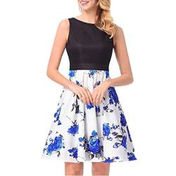 Kleid Damen Kolylong® Frauen Elegant Blumenmuster Kleid Knielang Vinatge Rückenfreies Festlich Kleider Skaterkleid Ärmelloses Minikleid Party Kleid Cocktailkleid Abendkleid (M, Blau) von Kolylong