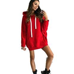 Kleid Damen Kolylong® Frauen Elegant Pullover Kleid mit Kapuze Minikleid Party Kleid Herbst Winter Warm Sweatshirt Lange Locker Hooded Pullover Mantel Sportkleid Tops (XL, Rot) von Kolylong