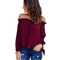 Kolylong® Frauen Elegant Trägerlos Bluse Herbst Winter Locker Langarm Shirts Backless Top Hemd (M, Wein) von Kolylong