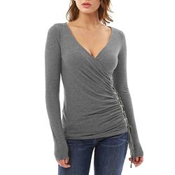 Kolylong® Sweatshirt Damen Frauen Elegant Spitze Bluse mit V-Ausschnitt Herbst Winter Locker Langarmshirts Slim Basic Shirt Pullover T-Shirt Tunika Tops Oberteile (L, Grau) von Kolylong