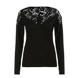 Kolylong® Sweatshirt Damen Frauen Elegant Spitze Bluse mit V-Ausschnitt Herbst Winter Locker Langarmshirts Slim Basic Shirt Pullover T-Shirt Tunika Tops Oberteile (XL, Black) von Kolylong