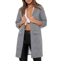 Strickjacke Damen Kolylong® Frauen Vintage Plaid Lang Mantel Herbst Winter Warm Windbreaker Elegant Strickjacke Slim Parka Outwear Locker Jacke Cardigan Langarmshirts (S, Schwarz) von Kolylong