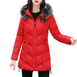 Wintermantel Damen Kolylong® Frauen Herbst Winter Warm Mantel mit Pelzkragen Verdickte Daunenmantel Lang Locker Parka Outwear Mode Strickjacke Steppmantel Windbreaker Overcoat (L, Rot) von Kolylong