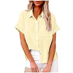 Bluse Damen Baumwolle Leinenbluse Einfarbig Blusenshirt Revers Shirts Kurzarm Tshirt Knöpfe Longbluse Einreihiges Hemd Sommer Tops V-Ausschnitt Hemdbluse Lose Oberteile Übergroße Langarm Damenblusen von Komiseup