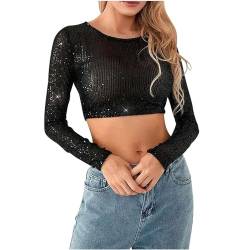 Damen Pailletten Tops Glitzer Party Club Pullover Langarm Rundhal Crop Top Sexy Enge Oberteils mit Nabelschau Glänzend Cropped Tees Y2K Bauchfrei Outfits Sparkle Streetwear für Teenager Mädchen von Komiseup