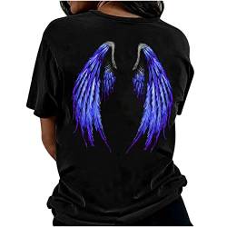 Engelsflügel Druck auf der Rückseite T-Shirt Damen Mode Grafik Tee Vintage Oversize Shirt Teenager-Mädchen Sommer Kurzarm Rundhals Oberteile E-Girl Y2k Top Lose Lang Tops Streetwear von Komiseup