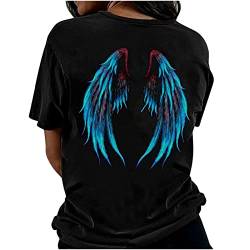 Engelsflügel Druck auf der Rückseite T-Shirt Damen Mode Grafik Tee Vintage Oversize Shirt Teenager-Mädchen Sommer Kurzarm Rundhals Oberteile E-Girl Y2k Top Lose Lang Tops Streetwear von Komiseup