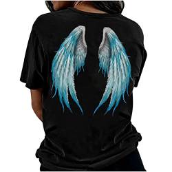 Engelsflügel Druck auf der Rückseite T-Shirt Damen Mode Grafik Tee Vintage Oversize Shirt Teenager-Mädchen Sommer Kurzarm Rundhals Oberteile E-Girl Y2k Top Lose Lang Tops Streetwear von Komiseup