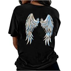 Engelsflügel Druck auf der Rückseite T-Shirt Damen Mode Grafik Tee Vintage Oversize Shirt Teenager-Mädchen Sommer Kurzarm Rundhals Oberteile E-Girl Y2k Top Lose Lang Tops Streetwear von Komiseup