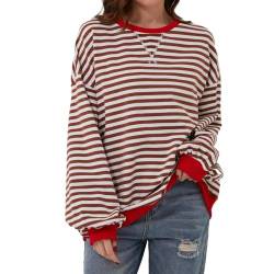 Gestreiftes Oversize-Sweatshirt für Damen Gestreifter Color Block Rundhals Langärmelig Lässig Lose Pullover Leicht Basic Tshirt Frauen Farbblock Langarmshirt Y2K Kleidung Long Sleeve Ribbed Neck Tops von Komiseup