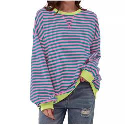 Gestreiftes Oversize-Sweatshirt für Damen Gestreifter Color Block Rundhals Langärmelig Lässig Lose Pullover Leicht Basic Tshirt Frauen Farbblock Langarmshirt Y2K Kleidung Long Sleeve Ribbed Neck Tops von Komiseup