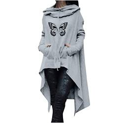 Halloween Hoodie Damen Lang - Oversize Pullover Sweatshirt mit Kapuze Herbst Winter Langarm Hoodie Jacke Top Vintage Kapuzenpulli Schmetterlingsdruck Drucken irregulär Sweatshirts mit Taschen von Komiseup