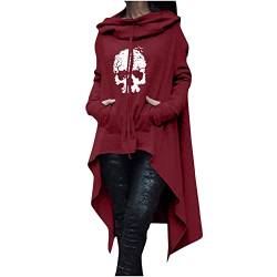 Halloween Hoodie Damen Lang - Oversize Pullover Sweatshirt mit Kapuze Herbst Winter Langarm Hoodie Jacke Top Vintage Kapuzenpulli Totenkopf Drucken irregulär Sweatshirts mit Taschen und Kordelzug von Komiseup