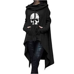 Halloween Hoodie Damen Lang - Oversize Pullover Sweatshirt mit Kapuze Herbst Winter Langarm Hoodie Jacke Top Vintage Kapuzenpulli Totenkopf Drucken irregulär Sweatshirts mit Taschen und Kordelzug von Komiseup