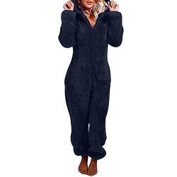 Jumpsuit Damen Kuschelig Winter Warm Overall Teddy Fleece Einteiler Onesie Schlafanzug Kuschelig Lang Pyjama Flauschig Weich Hausanzug Einfarbig Schlafoverall Elegant Reißverschluss Homewear von Komiseup