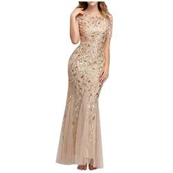 Komiseup Abendkleider Elegant für Hochzeit, Cocktailkleid Damen, Kleider Damen Elegant Rundhals Pailletten Mesh Kuzarm Sexy Meerjungfrau Lang Abendkleid Brautjungfernkleider Ballkleid Partykleid von Komiseup