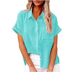 Komiseup Bluse Damen Sommer Baumwolle Leinenbluse Elegant Einfarbig Blusenshirt Revers Einreihiges Leinenhemd Große Größen Kurzarm V-Ausschnitt Longbluse Oversized Blusehemd Lose Oberteile mit Taschen von Komiseup