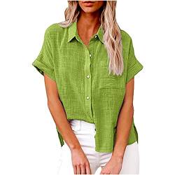 Komiseup Bluse Damen Sommer Baumwolle Leinenbluse Elegant Einfarbig Blusenshirt Revers Einreihiges Leinenhemd Große Größen Kurzarm V-Ausschnitt Longbluse Oversized Blusehemd Lose Oberteile mit Taschen von Komiseup