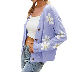 Komiseup Damen Langarm Blumen Muster Cute Pullover Gestrickte Kurz Strickjacke mit Knopfleiste Slim Fit Mantel Jacke Top von Komiseup