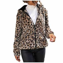 Komiseup Damen Leopard Zip Hoodie Kapuzenpullover Mode Sweatjacke Plüschjacke Herbst Winter Warm Fleecejacke Damen Elegant Langarm Kapuzenjacke Casual Jacke mit Taschen von Komiseup