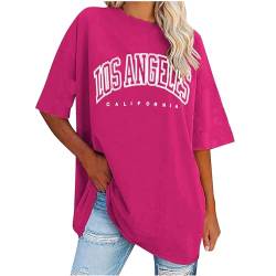 Komiseup Damen Los Angeles Brief T-Shirt mit V-Ausschnitt Kurzarm Sport Sommer Rundhals Oversized Oberteile Drucken Sweatshirt Lose Bluse Tunika Lang für Teen Girls Top Longhsirt Longbluse von Komiseup