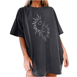 Komiseup Damen Oversized T-Shirt Sommer Kurzarm Vintage Sterne Sonne Mond Print Grafikdruck Shirt Lose Rundhal Oberteile Pullover Sweatshirt für Teenager Mädchen Tunika Tops Lang Sportshirt Streetwear von Komiseup