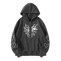 Komiseup Damen Oversized Y2K Jacke Zip Up Hoodies Herz Spinnennetz Druck Grafik Harajuku für Paare Sweatshirt Vintage Kapuzenjacke Teen-Mädchen Gothic Sweatjacke mit Kapuze 90er E-Girl Top von Komiseup