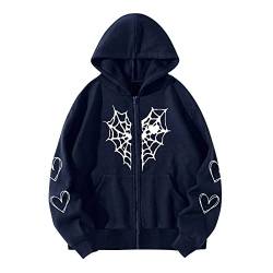 Komiseup Damen Oversized Y2K Jacke Zip Up Hoodies Herz Spinnennetz Druck Grafik Harajuku für Paare Sweatshirt Vintage Kapuzenjacke Teen-Mädchen Gothic Sweatjacke mit Kapuze 90er E-Girl Top von Komiseup