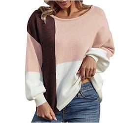 Komiseup Damen Pullover Langarm Oversized Farbblock Motiv Strickpullover Oberteil Pullover Damen Elegant Rundhals Lose Sweatshirt Pulli Herbst Winter Warm Sweater Jumper Tunika Tops von Komiseup