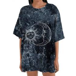 Komiseup Damen Shirt Oversize Kurzarm Oberteile Sommer Locker Lässig Tunika Lang Blusenshirt Casual Tshirt Tops Mädchen mit Sonne Mond von Komiseup