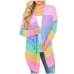 Komiseup Damen Strickjacke Regenbogenfarben gestreift Langarm Pullover Farbblock Mantel Lässige Strickjacke von Komiseup