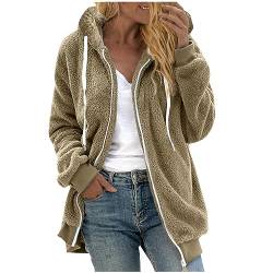 Komiseup Fleecejacke Damen Oversize Winterjacke Einfarbig Teddy Fleece Mantel Jacke Winter Warm Gefüttert Zip Hoodie Kapuzenpullover Winterjacke Bbequeme Flauschig Plüschjacke Sweatjacke mit Kapuze von Komiseup