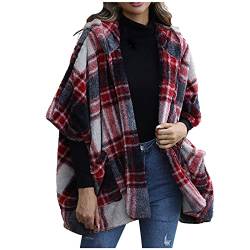 Komiseup Karierter Hoodie für Damen Herbst und Winter Lässiger Plüsch Damen Kapuzen Fünfviertel Ärmel Lose Schottischer Stil Knopfloser Mantel Langärmliger Lässiger Mantel/Jacke mit Kapuze von Komiseup