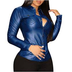 Komiseup Leder Bluse Damen Trendige Lederoptik Oberteil Elegant PU Leder Revers Knopf Bluse Langarmshirt Persönlichkeit Party Kleidung Mode Streetwear Hemdbluse Clubwear Biker-Lederoberteil Wetlook von Komiseup