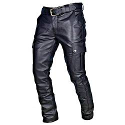 Komiseup Lederhose Herren Punk Slim Fit PU Kunstleder Biker Hose Herbst Winter Lässig Retro Gothic Punk Leder Motorradhose Hose Leggings Schwarze Cargohose aus Leder für Männer von Komiseup