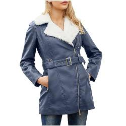 Komiseup Lederjacke Damen Lang Winterjacke Fleecejacke Parker Lose Winter Warm Gefütterte Mantel Jacke Top Damen Elegant Revers Leder Jacken mit Reißverschluss und Gürtel von Komiseup