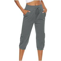 Komiseup Leinenhose Damen 3/4 Sommerhose Frauen Dreiviertel Hose Einfarbig Freizeithose mit weitem Bein Baumwolle Leinen Straighthose Baggy Leicht Strandhose mit Kordelzug und Taschen Übergroße S-5XL von Komiseup