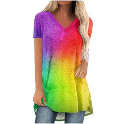 Komiseup Longshirt Damen Kurzarm Lässig Baumwolle Einfarbiger V-Ausschnitt Longbluse Tshirt Große Größen Lang Tops Locker Sommer Tunika Top Mode Bunt Oversize Tee Shirt Oberteile Sportshirt von Komiseup