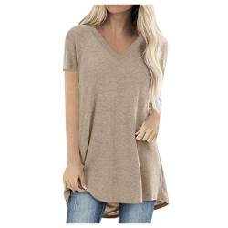 Komiseup Longshirt Damen Kurzarm Locker Sommer Tshirt Oberteile Große Größen Lang Tee Shirt Tunika Casual Oversize Shirt Lässig Basic Longbluse mit Tasche Einfarbig Sweatshirt Sommershirts von Komiseup