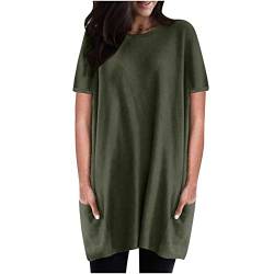 Komiseup Longshirt Damen Kurzarm Locker Sommer Tshirt Oberteile Große Größen Lang Tee Shirt Tunika Casual Oversize Shirt Lässig Basic Longbluse mit Tasche Einfarbig Sweatshirt Sommershirts von Komiseup