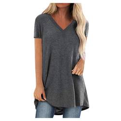 Komiseup Longshirt Damen Kurzarm Locker Sommer Tshirt Oberteile Große Größen Lang Tee Shirt Tunika Casual Oversize Shirt Lässig Basic Longbluse mit Tasche Einfarbig Sweatshirt Sommershirts von Komiseup