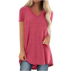 Komiseup Longshirt Damen Kurzarm Locker Sommer Tshirt Oberteile Große Größen Lang Tee Shirt Tunika Casual Oversize Shirt Lässig Basic Longbluse mit Tasche Einfarbig Sweatshirt Sommershirts von Komiseup