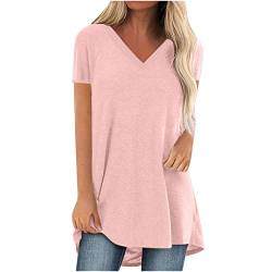 Komiseup Longshirt Damen Kurzarm Locker Sommer Tshirt Oberteile Große Größen Lang Tee Shirt Tunika Casual Oversize Shirt Lässig Basic Longbluse mit Tasche Einfarbig Sweatshirt Sommershirts von Komiseup