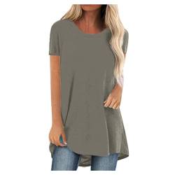 Komiseup Longshirt Damen Kurzarm Locker Sommer Tshirt Oberteile Große Größen Lang Tee Shirt Tunika Casual Oversize Shirt Lässig Basic Longbluse mit Tasche Einfarbig Sweatshirt Sommershirts von Komiseup