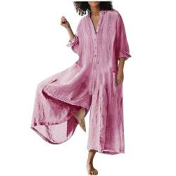 Komiseup Rosa Onesie Damen Baumwolle Leinen Jumpsuit Sommer Langes Playsuit 3/4 Ärmel V-Ausschnitt Latzhose mit Knöpfen Übergroße Elegant Einfarbige Bodysuit Weites Bein Hosen Loose Casual Strandhose von Komiseup