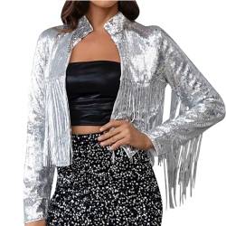 Komiseup Silber Jacke Damen Glitzer Pailletten Winterjacke Revers Fransenjacke Club Party Paillettenjacke Einfarbige Kurzejacke Herbst Winter Übergangsjacke Casual Streetwear Gutschein Angebote von Komiseup